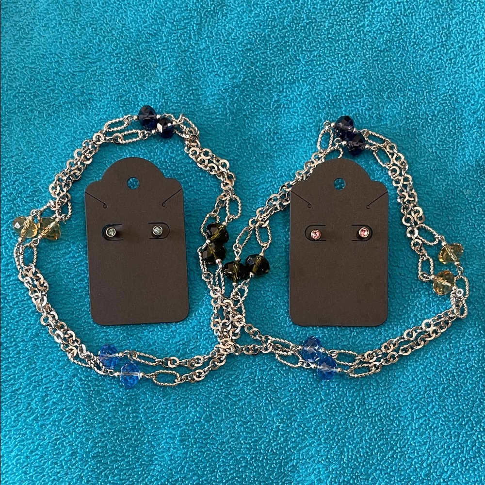 2/$20 Long 22 inch Silver Metal Chain with Beads & 2 Coordinating Earrings EUC